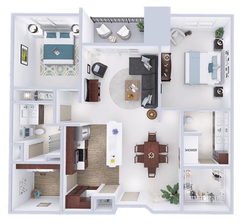 Floor plan for 2 beds, 2 baths, 1229 sqft